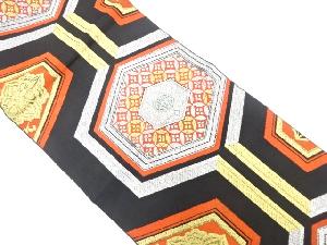 アンティーク　重ね亀甲に七宝繋ぎ・花模様織り出し袋帯(着用可)